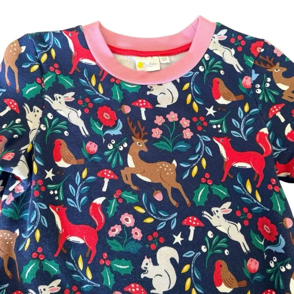Mini Boden | Woodland Animal Dress Navy Fox Deer Print Long Sleeve | Girls 9-10Y